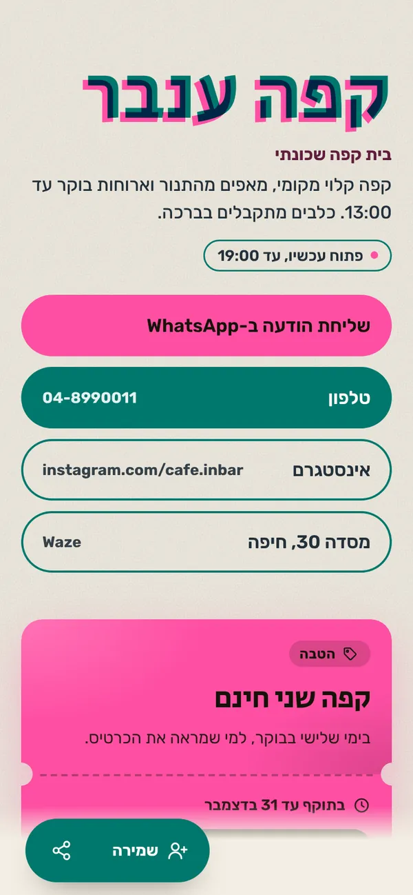 כרטיס לדוגמה: קפה ענבר, בית קפה שכונתי בחיפה