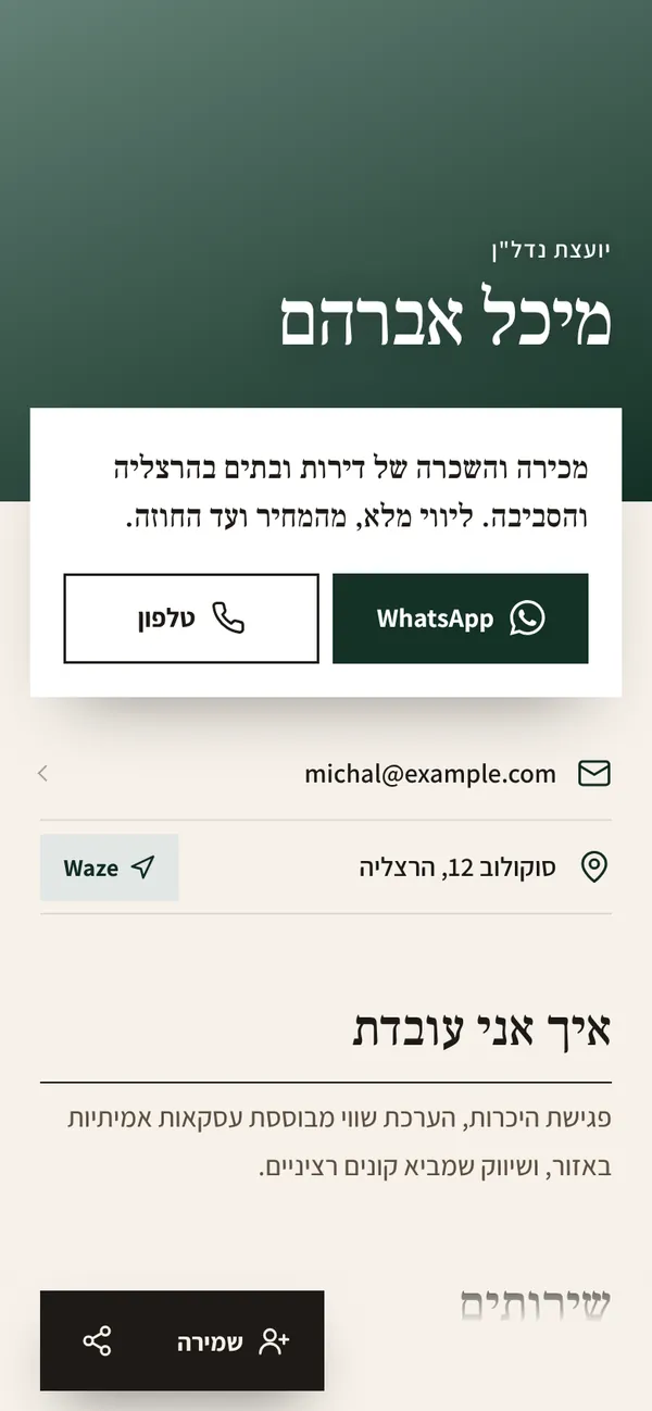 כרטיס לדוגמה: מיכל אברהם, יועצת נדל״ן בהרצליה